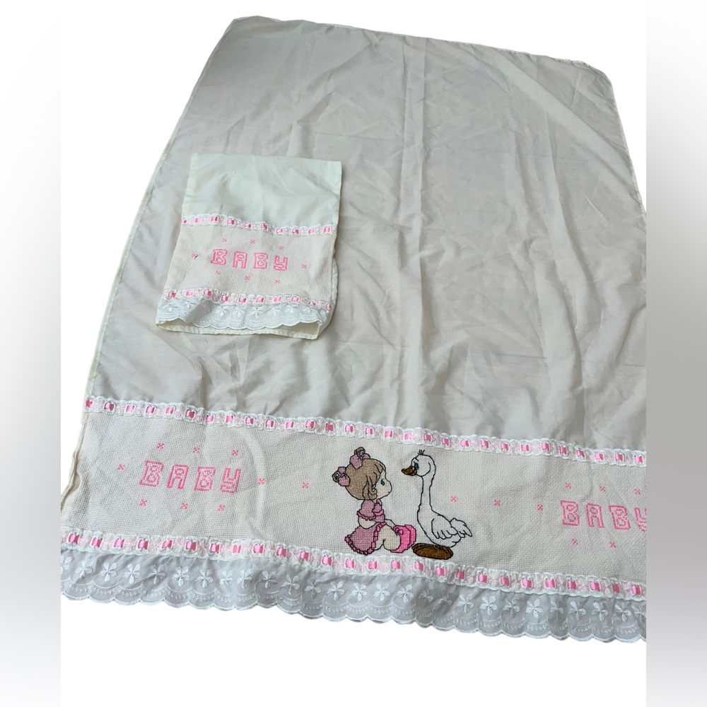 Baby Girl Hand Made Bedding Sheet With Pillow Case Embroidered Vintage 46”x31”